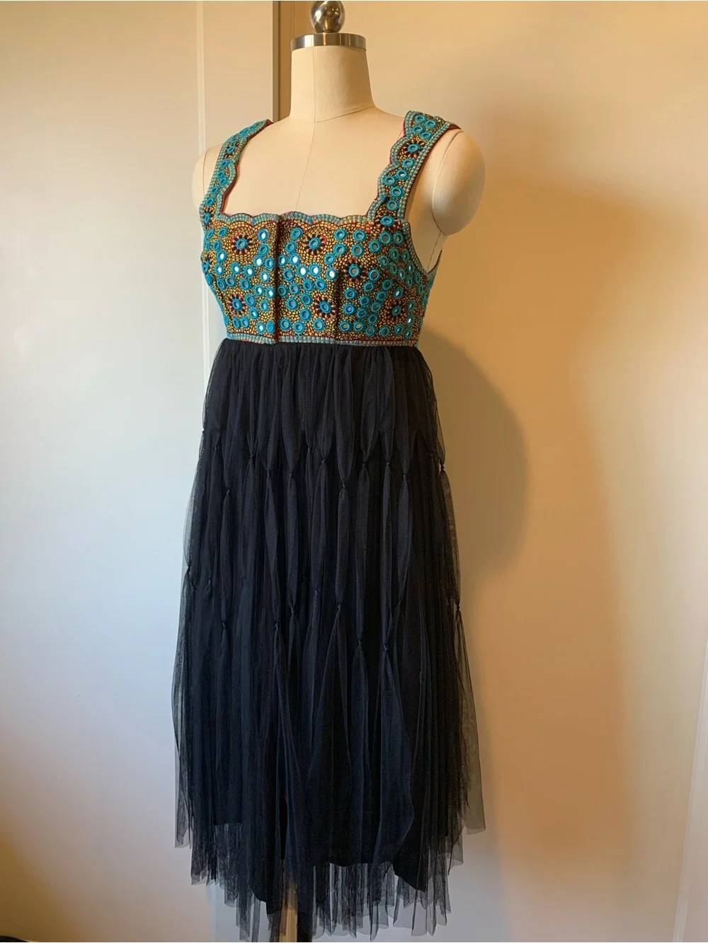 Free People Mirrored Turquoise & Gold Embroidered Dress with Black Net Skirt